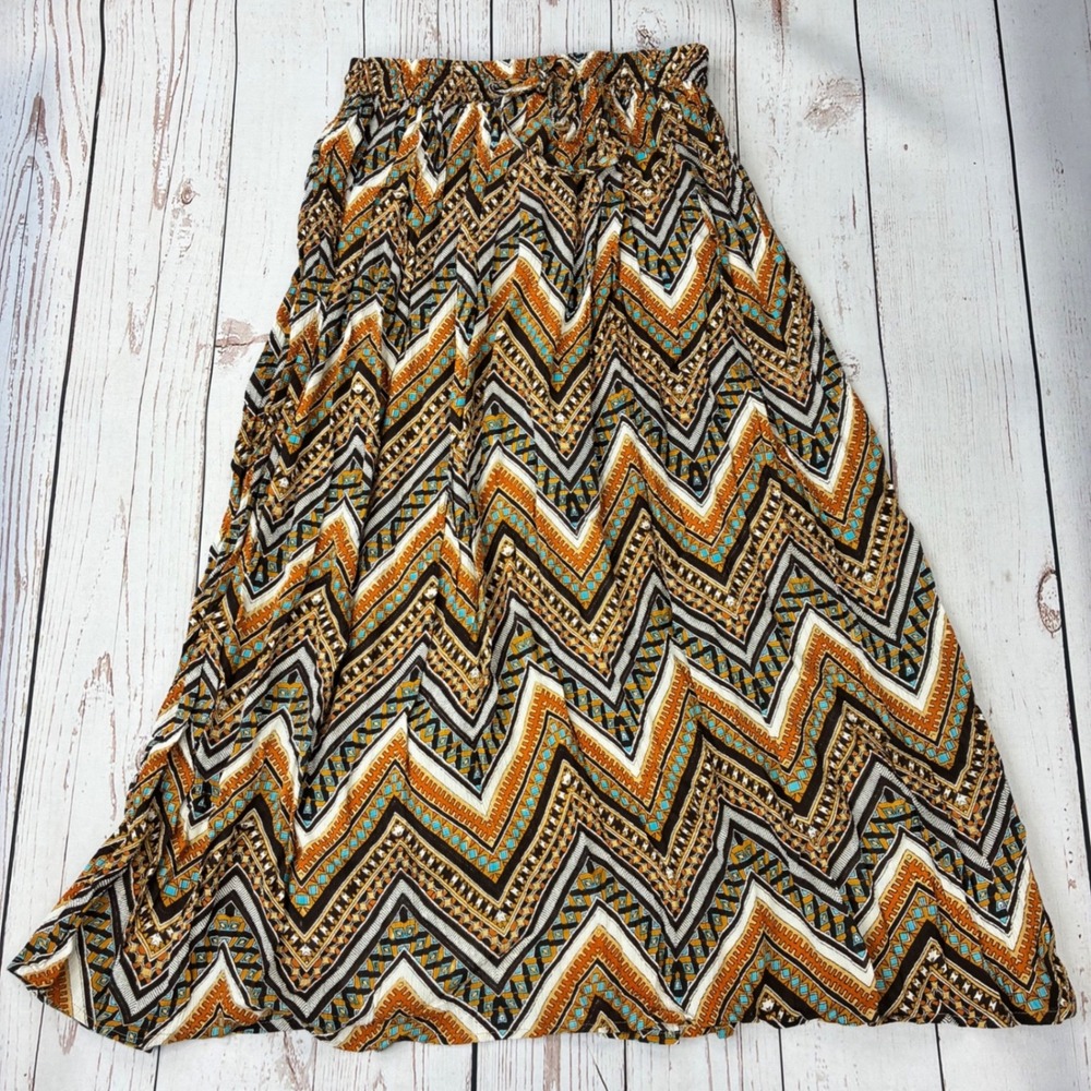 Surrale Womens Chevron Geometric Maxi Skirt Brown Gold Turquoise SGND-270-C4 M